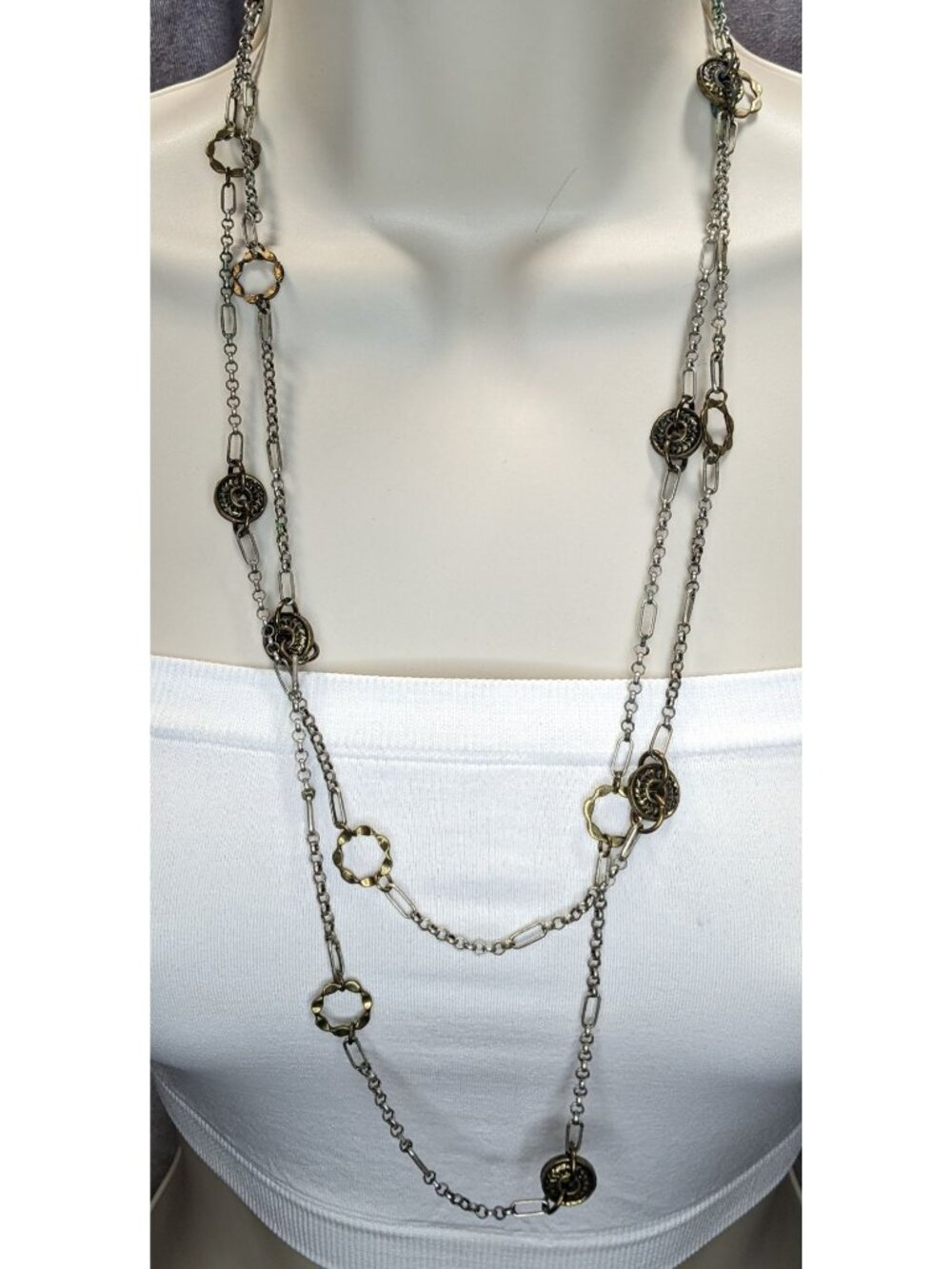 Vintage Charm Station Necklace Gold Silver Brutalist Mixed Metal Jewelry
